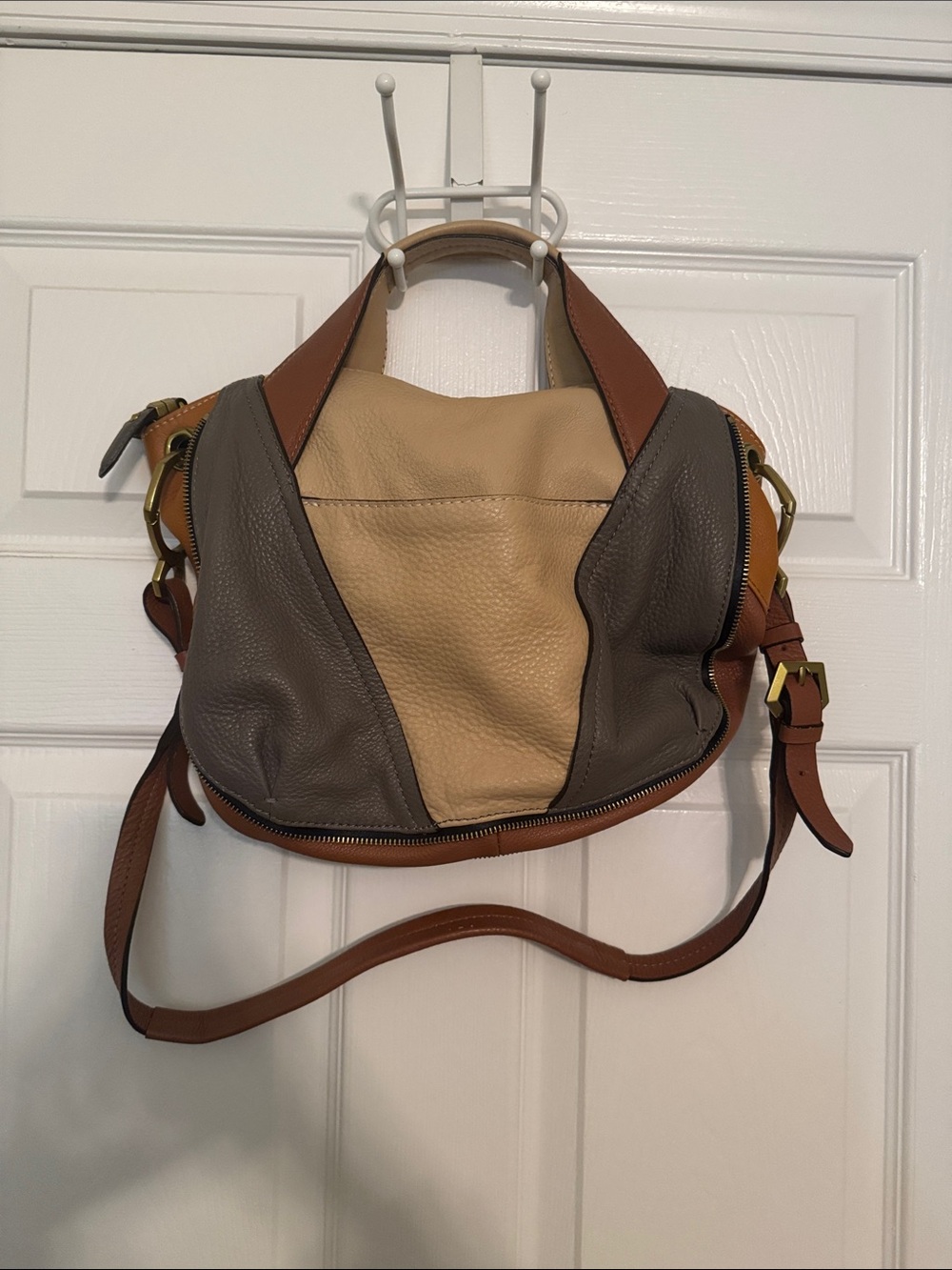 Three-Tone Leather Hobo Bag in Beige, Taupe and Chestnut